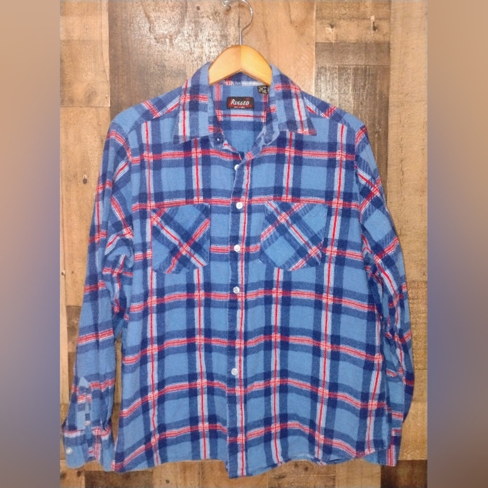 Rugged Plaid Flannel Shirt Mens Size XL Blue Red Button Up Cotton